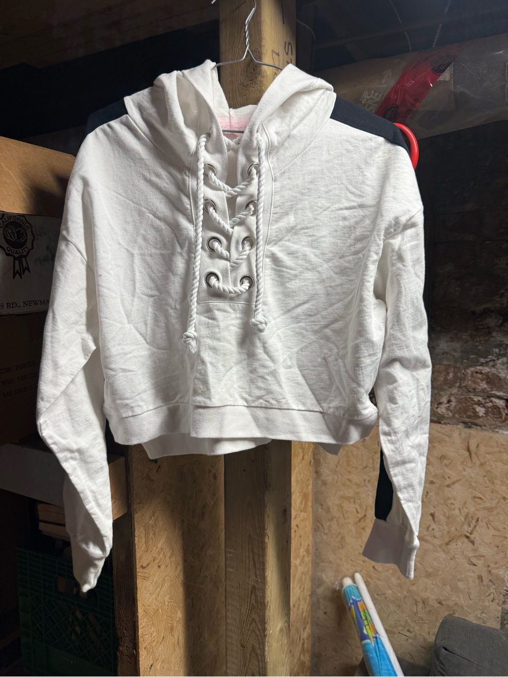 Cropped White Lace-Up Hoodie with Black Shoulder Panels - Women